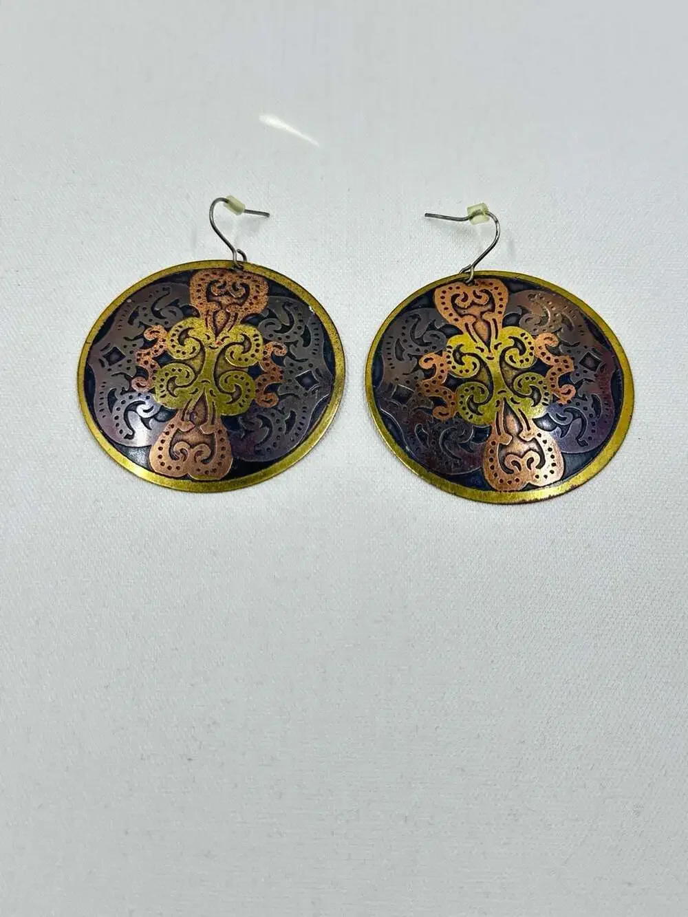 Vintage Boho Oriental Style Copper and Brass Tone Round Mandala Dangle Earrings